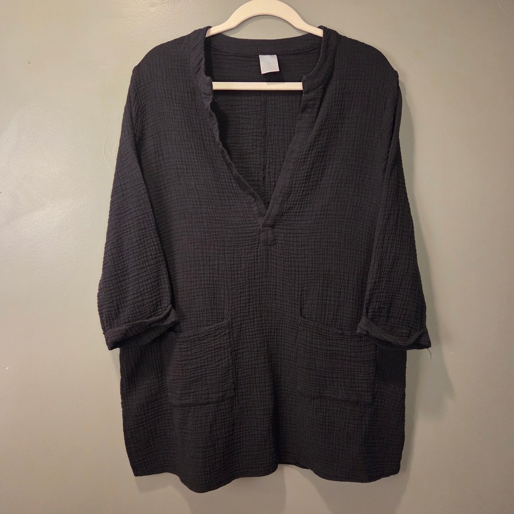 Kona Sol Women's 100% Cotton Gauze Tunic 3/4 Sleeve Size L Black Lightweight